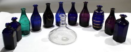 Group of Bristol Blue glass decanters with various names^ Brandy^ Hollands etc^ mainly blue glass^