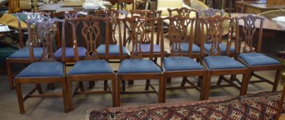 Matched^ or harlequin set of twelve Chippendale style oak dining chairs^ pierced vase shaped splat