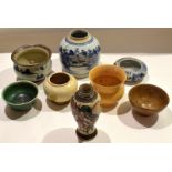 Group of Oriental ceramics including two blue and white bowls^ a crackle ware vase and further