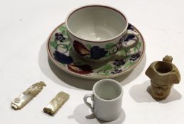 Spongeware cup and saucer^ miniature stoneware model of Napoleon and a further porcelain coffee