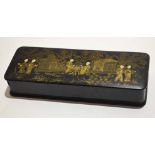 Chinese rectangular box and cover with gilt lacquer decoration to top^ with Chinese figures beside a