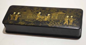 Chinese rectangular box and cover with gilt lacquer decoration to top^ with Chinese figures beside a