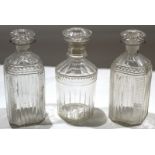 Group of late 19th century glass decanters with pillar style decoration and mushroom knops^ (3)