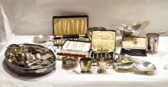 Large box containing various silver plate including pedestal bowl^ tankard^ dishes^ cutlery^ toast