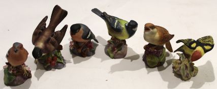 Group of six Royal Worcester birds including Great Tit^ Bullfinch^ Chaffinch^ and Nightingale^ all