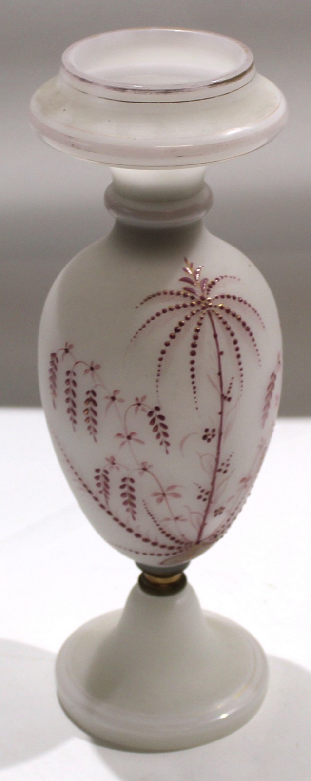 Milk glass lamp with a painted floral design in puce^ 35cm high - Image 2 of 2