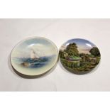 Royal Worcester plate decorated with sailing ships^ signed R Rushton^ factory puce mark to base^