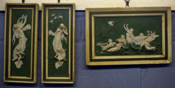 Collection of three framed Continental relief plaques^ each depicting mythological scenes^ circa