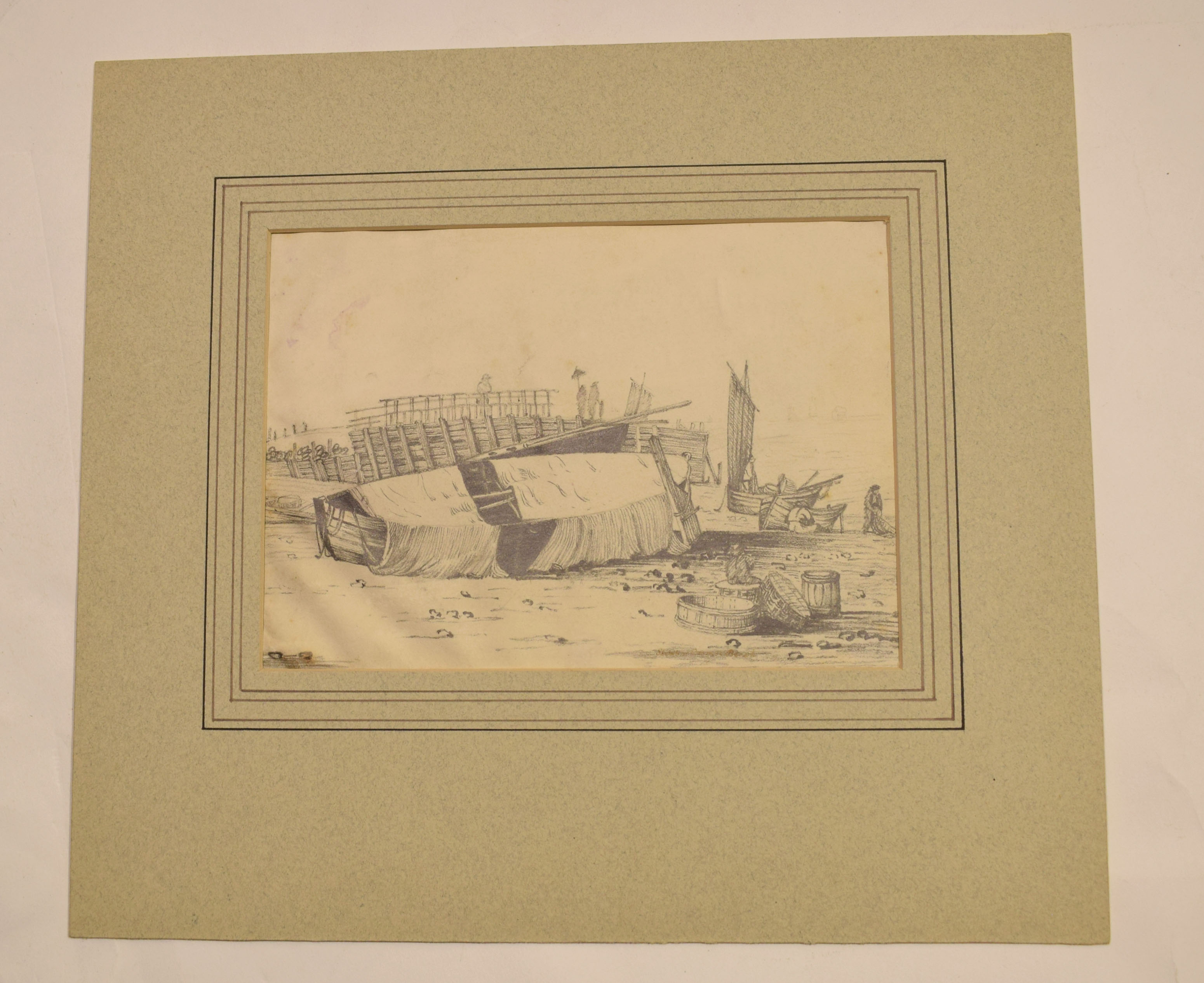 Circle of Robert Dixon^ Beach scene with boats and fishermen^ pencil drawing^ 15 x 21cm^ mounted but