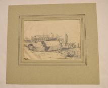 Circle of Robert Dixon^ Beach scene with boats and fishermen^ pencil drawing^ 15 x 21cm^ mounted but