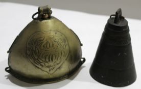 Vintage base metal camel bell and further brass cow bell^ 18cm and 17cm high respectively