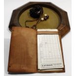 Unusual octagonal games board with leather or hide centre^ together with dice and score card