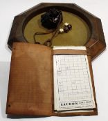 Unusual octagonal games board with leather or hide centre^ together with dice and score card