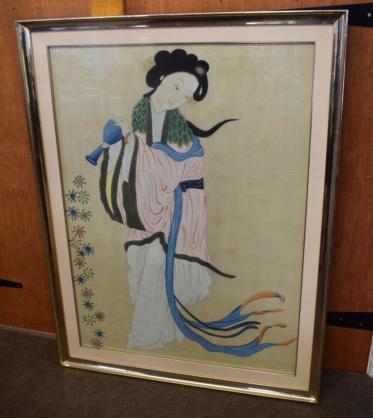 Two large watercolours^ one of a Chinese official with a lady^ both in gold frames (2)