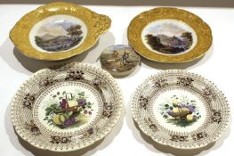 Group of English pottery comprising two Wedgwood plates^ Pratt ware type plate with landscape design