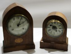 Edwardian lancet shaped inlaid mahogany mantel clock^ circular face with Arabic chapter ring^ inlaid