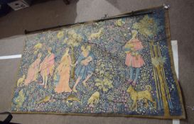 Aubusson style large tapestry depicting scene of figures in period costume conversing in a garden^