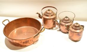 Copper two-handled pancheon^ three tea pots