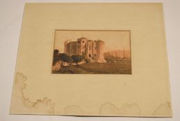 Circle of John Sell Cotman^ Castle^ watercolour^ 10 x 16cm^ mounted but unframed