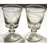 Pair of mid-19th century glass rummers with funnel bowls on single knop stems with inscription and