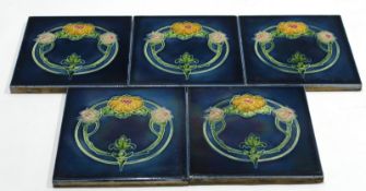 Group of late 19th century ceramic tiles with an Art Nouveau floral design^ 15cm diam (5)