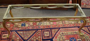 Gilded rectangular stool frame^ (seat missing)^ pierced frieze and raised on swept cabriole