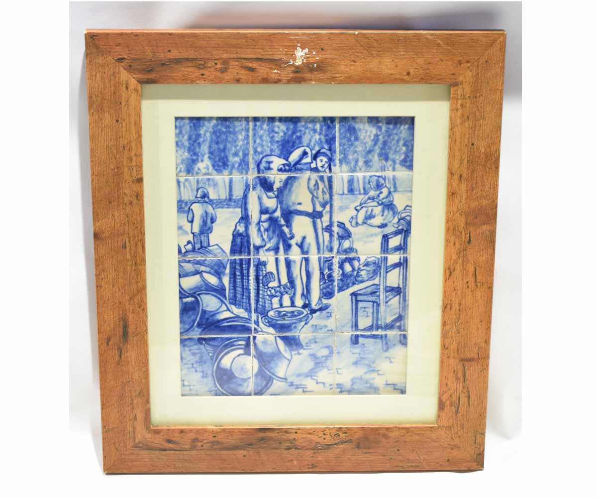 Two framed collections of small Delft tiles featuring a kitchen scene in wooden frame and further - Image 2 of 2