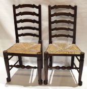 Set of six 19th Century Lancashire style oak ladder back dining chairs with cord seats turned legs