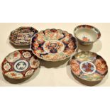 Group of Japanese porcelain Imari wares including a Japanese bowl in typical fashion with further
