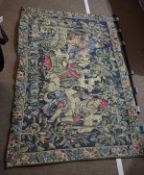 Aubusson style tapestry depicting figures in period costume in a garden with dogs etc within a