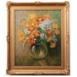 F Kovaci (20th century), Still Life study, mixed flowers in a glass vase, oil on canvas, signed