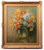 F Kovaci (20th century), Still Life study, mixed flowers in a glass vase, oil on canvas, signed