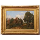 Attributed to Obadiah Short (1803-1886) Country scene with mother and child in country lane by a