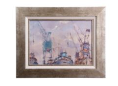 AR Peter Gilman (1928-1984), Dockyard, oil on board, signed lower right, 25 x 35cm