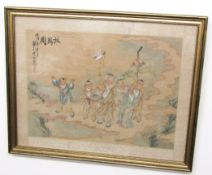Japanese School (20th Century) Allegorical figures watercolour on silk 26 x 35cm