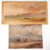 English School (19th century), Beach scene with horses, cart and figures, watercolour, 32 x 45cm,