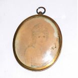 19th century English School, portrait miniature, Half length portrait of a lady, 7 x 6cm