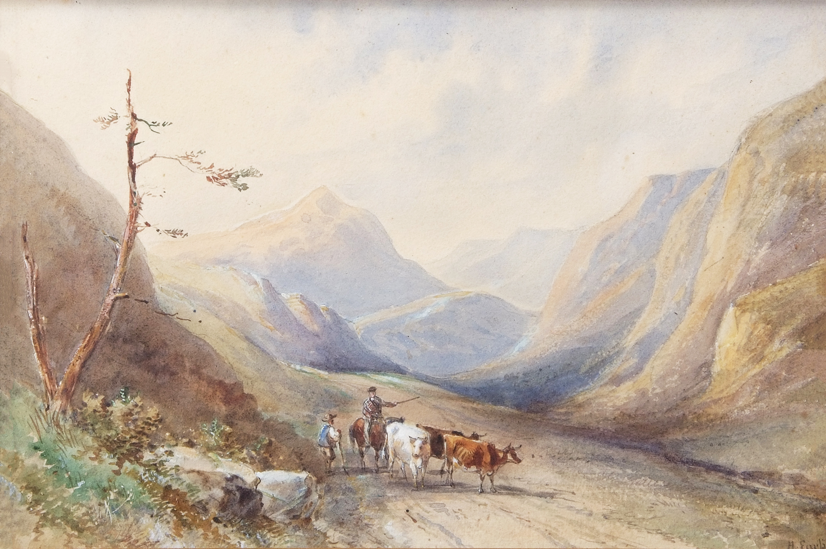 Henry Earp (1831-1914), Scottish Landscape with figures and cattle, watercolour, signed lower right,