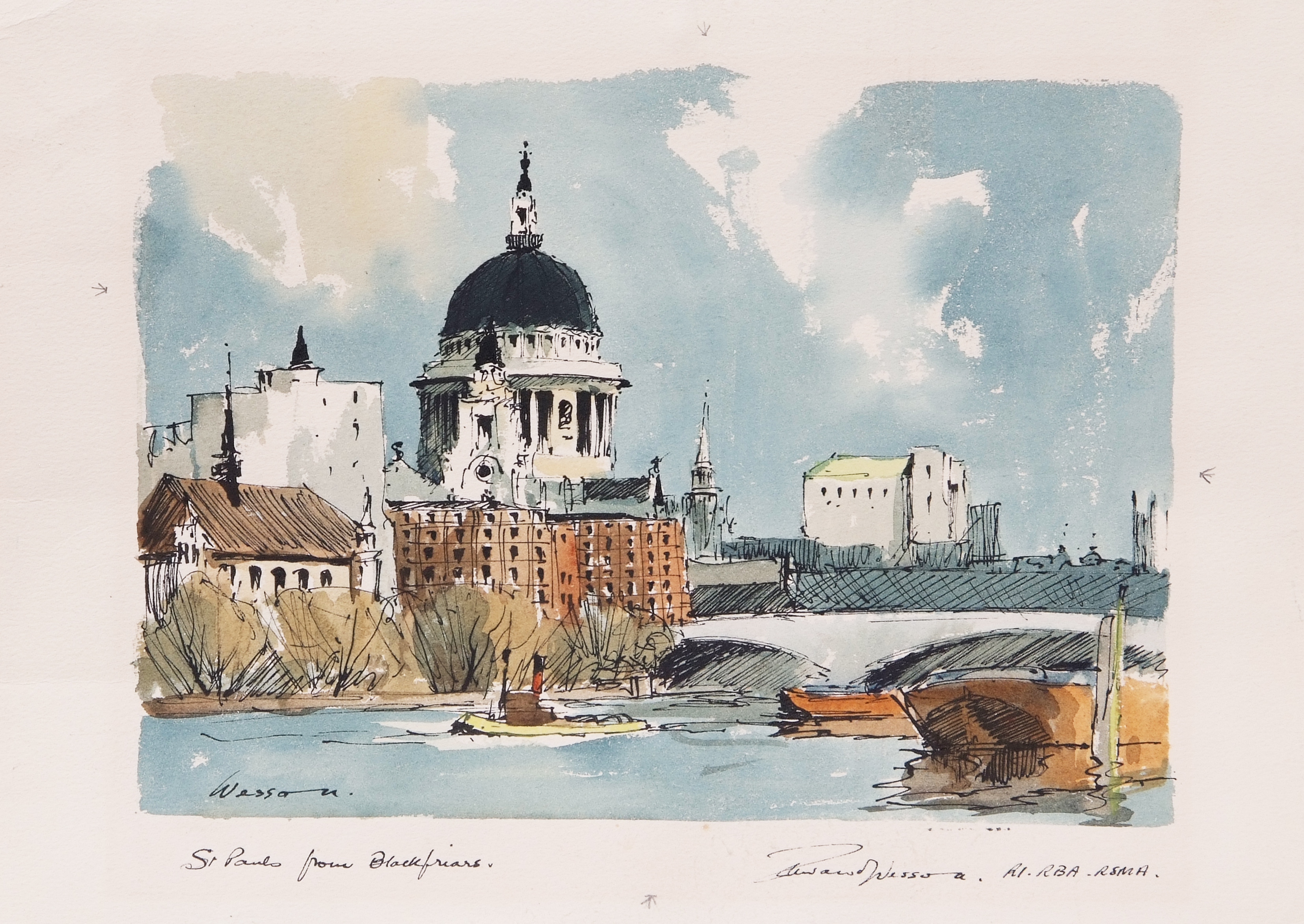 AR Edward Wesson, RI, RBA (1910-1983), "St Paul's from Blackfriars", pen, ink and watercolour,