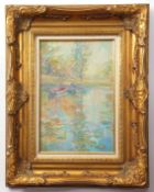 Valy Opal (20th century), River scene with boats oil on panel, signed lower left, 40 x 26cm