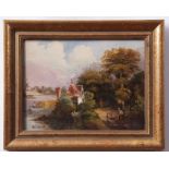 English School (19th century), River landscape with figures and cottage, oil on panel, 15 x 20cm