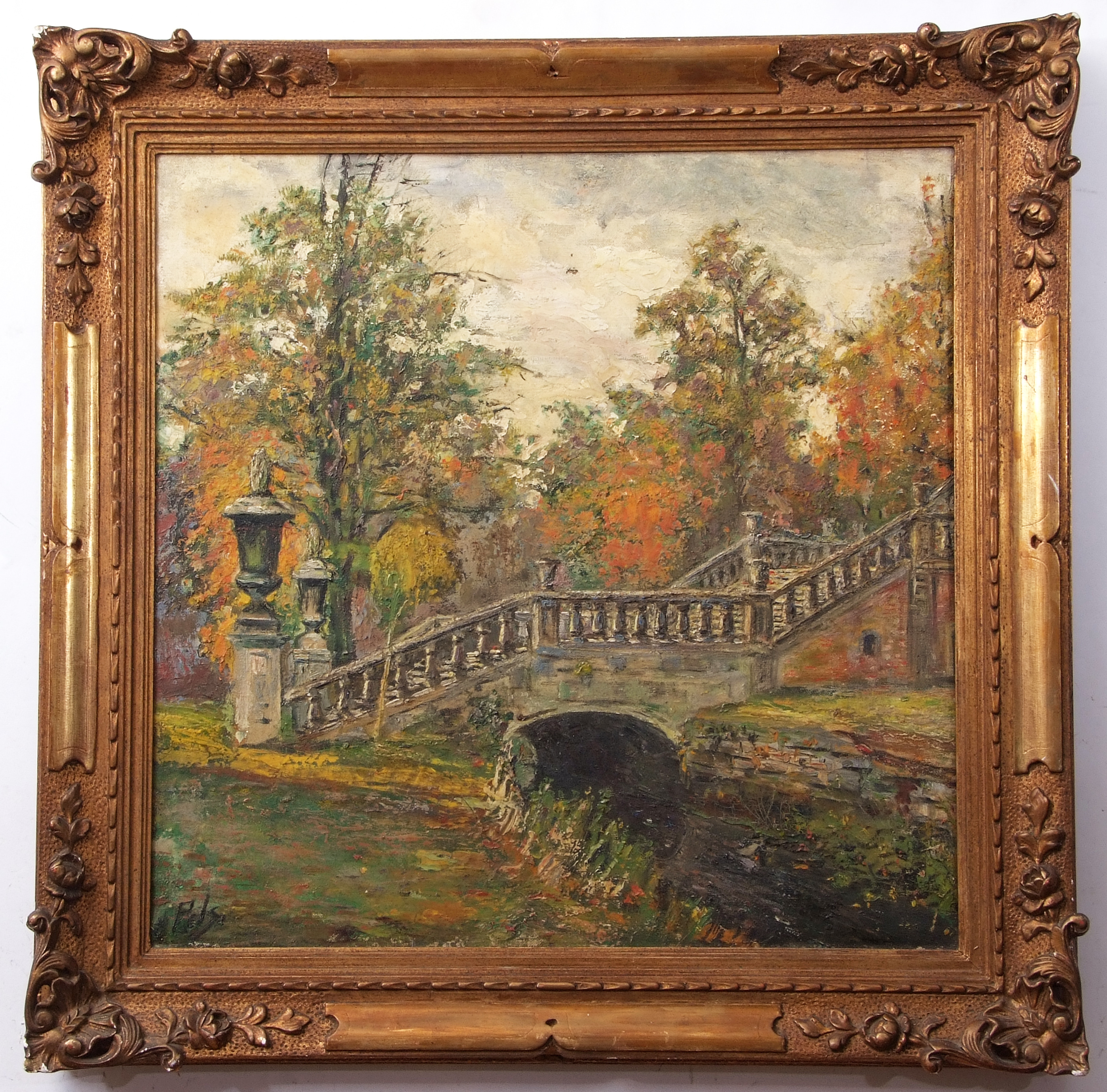 Pels (20th century), Impressionist river landscape with bridge oil on canvas, signed lower left,