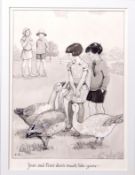 Cicely Englefield (20th century) "Joan and Peter don't much like geese", sepia watercolour,