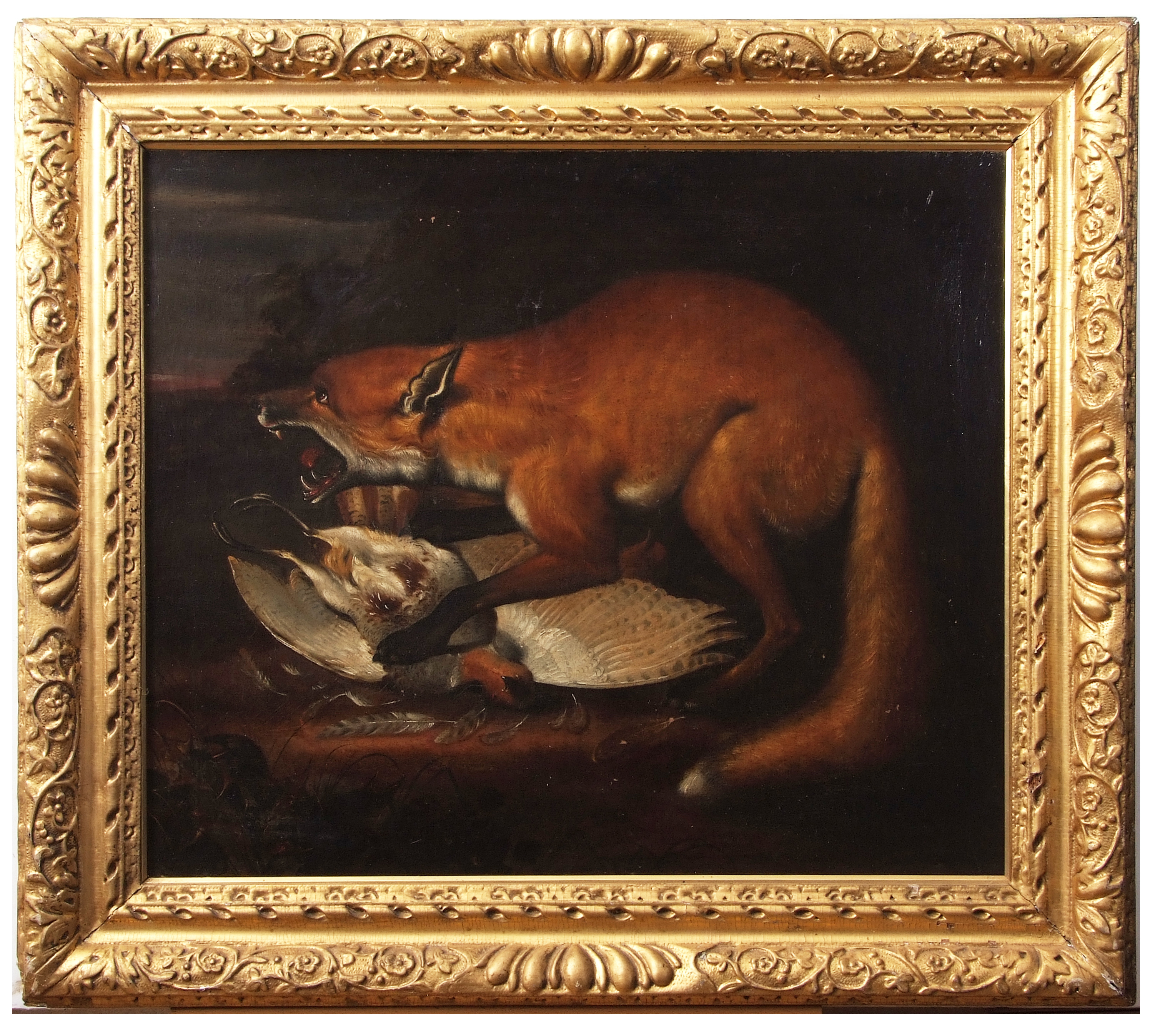 Attributed to Pieter Andreas Rysbraeck (1690-1748), Fox with game bird, oil on canvas, 62 x 74cm