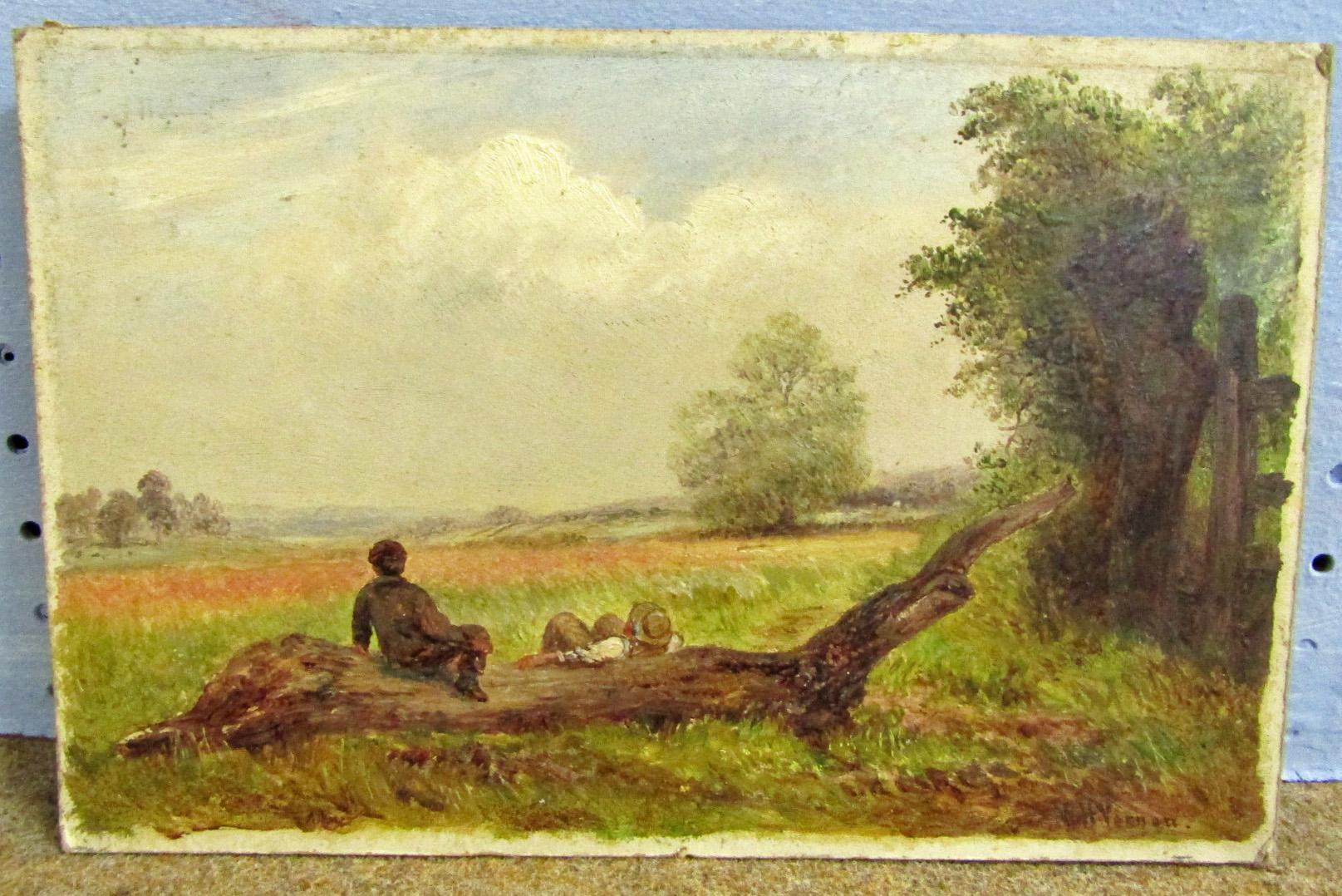 William Henry Vernon (1820-1909) Landscape with two boys reclining on a log oil on board, signed