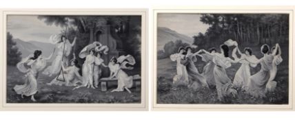 After E L Foubert and L Kowalsky, "Maidens Dancing" and "Maidens at Play", pair of prints on silk (