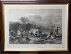 After Jacob Thomson, "Crossing a Highland Loch", black and white engraving with DR blind stamp lower