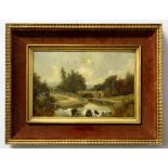 English School (19th century), River landscape with bridge, oil on canvas, 19 x 29cm