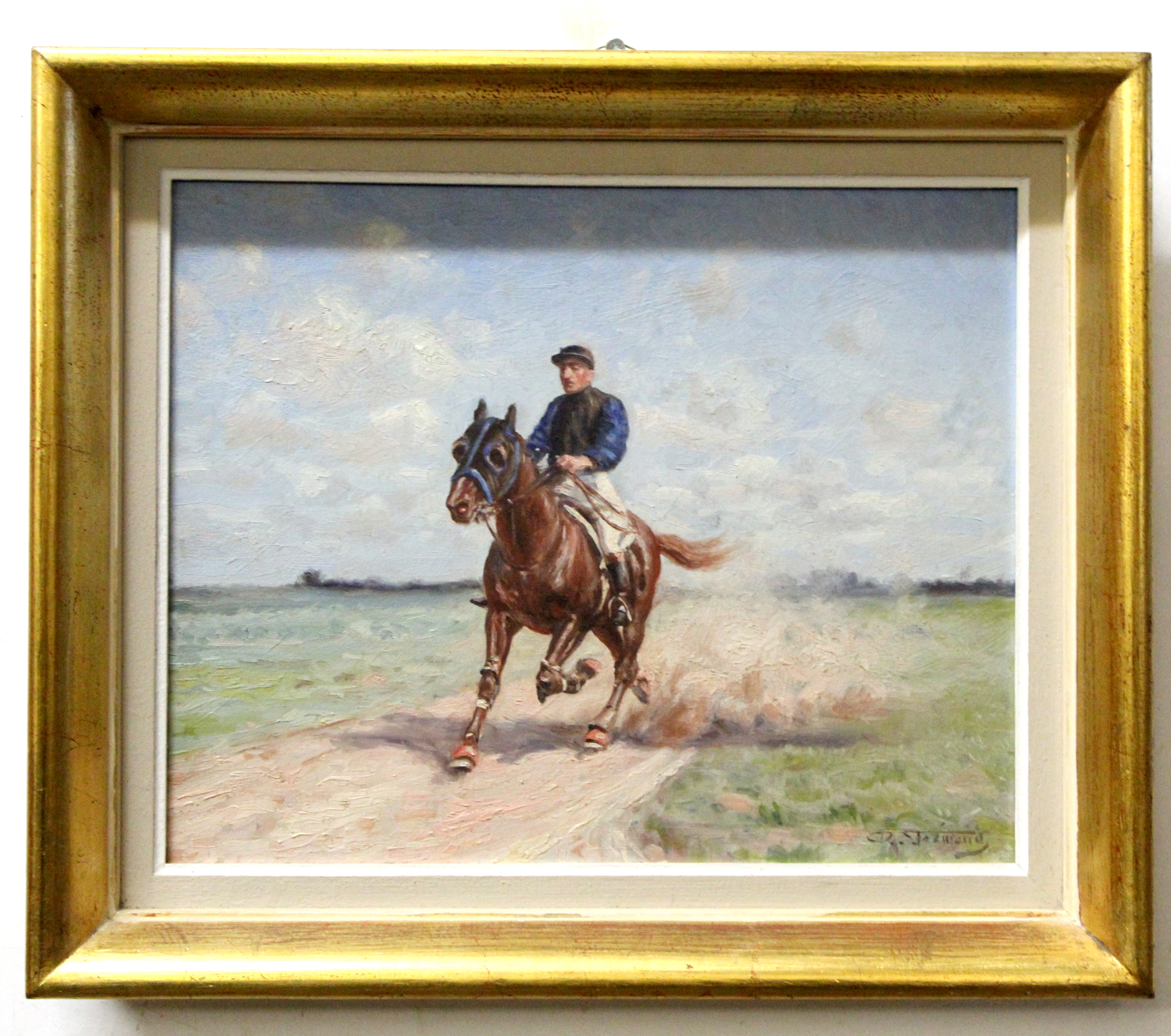 R Fremond (20th century), Jockey on horseback, oil on panel, signed lower right, 32 x 40cm