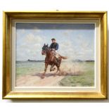R Fremond (20th century), Jockey on horseback, oil on panel, signed lower right, 32 x 40cm